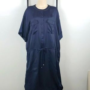 Lafayette 148 New York Blue Short Sleeve Dress Women XL Belt Pocket Luxury